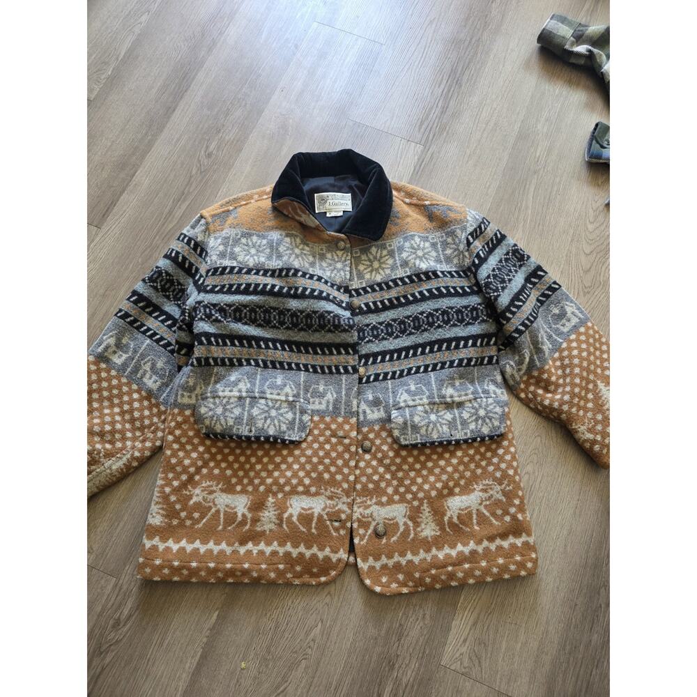 Vintage J. Gallery Wool Blend Jacket Moose Snowflake Lodge Winter Coat M